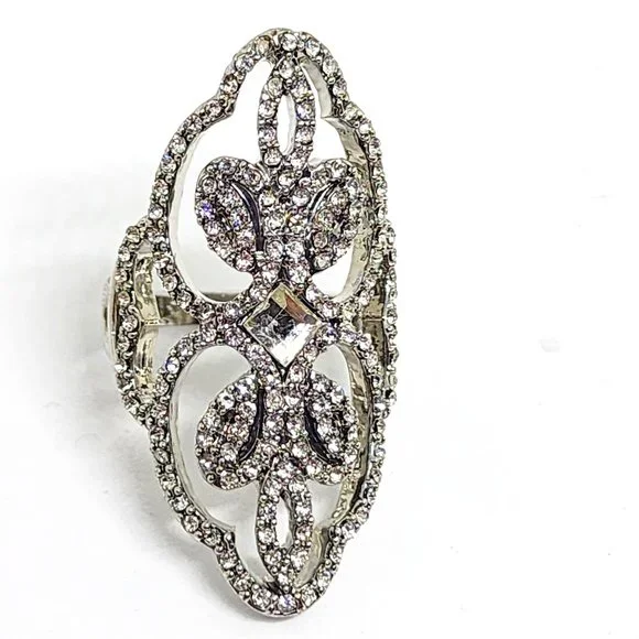 Victorian Style Pave White Rhinestone Dressy Silver Statement Cocktail Ring SZ 5 - Picture 6 of 10